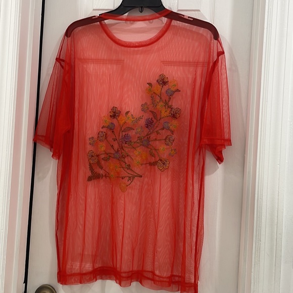 Large orange mesh blouse with yellow green and blue florals by Zara - Picture 3 of 4